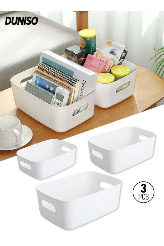 3 Pack Plastic Storage Bins with Handle, White Durable Storage Container for Kitchen Cupboard,Bathroom,Office,Under Sink Organizer Shelves Drawers