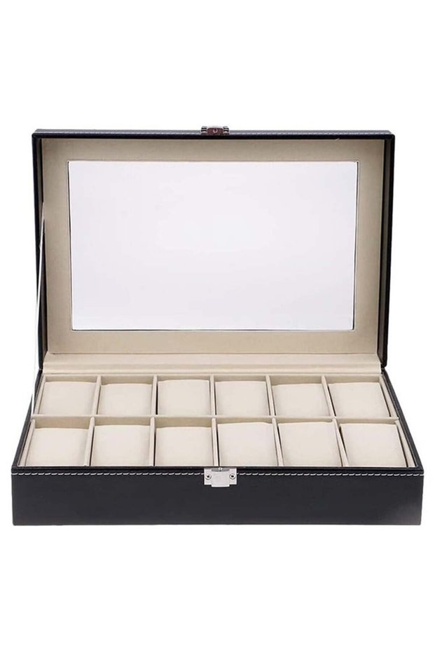 Sky-Touch 12 Grid Watch Box,Pu Leather Case Box For Men And Women,Watch Display With Glass Lids Removable Pillow,Watch Storage As Gift Birthday