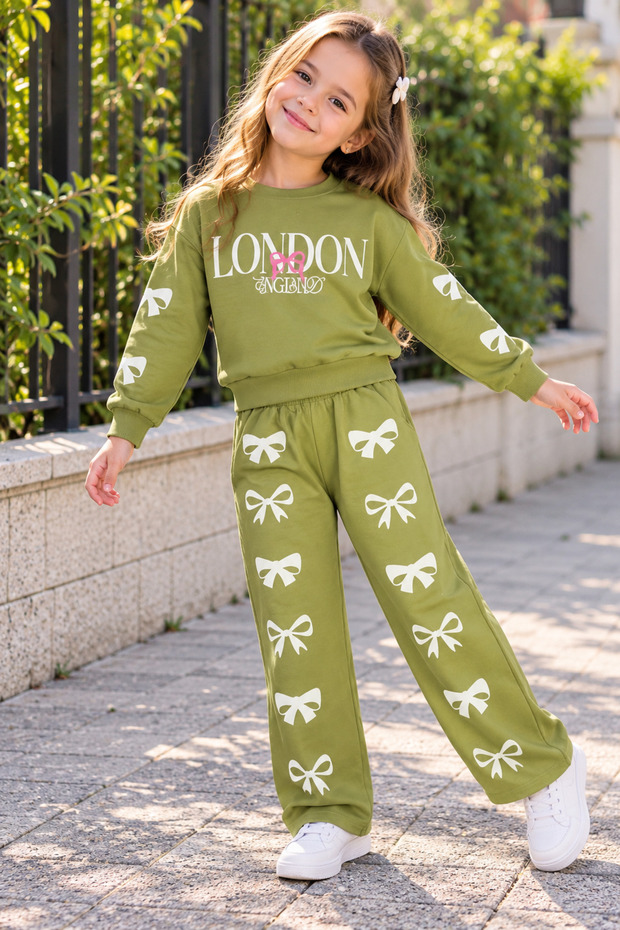Girls' Tracksuit Set – London Print Sweatshirt and Pants with Bow, Casual Sportswear Set