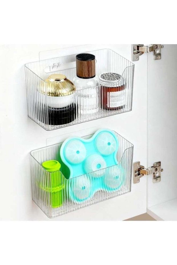2 Pack Cabinet Door Organizer, Adhesive Wall Mounted Organizer Bins, Clear Storage Caddy, Stackable Basket for Kitchen Cabinets, Bathroom, Pantry, Office, and Tabletop Organization