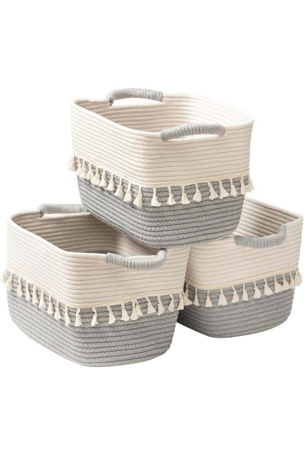3 Pack Woven Basket, Cotton Rope Baskets for Toy, Clothes, Blankets, Decorative Basket for Living Room, Nursery, Bathroom, White & Gray