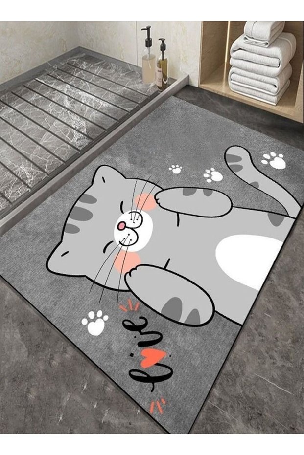 2 Pcs Cute Cat Printed Design Non Skid Super Absorbent Microfiber Soft Floor Rug Welcome Mat for Fr