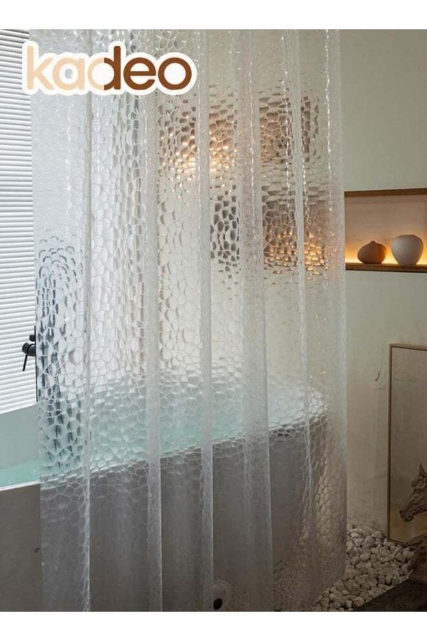 Clear Shower Curtain Liner with 12 Hooks, EVA 3D Cobblestone, Waterproof, Plastic Bathroom Shower C