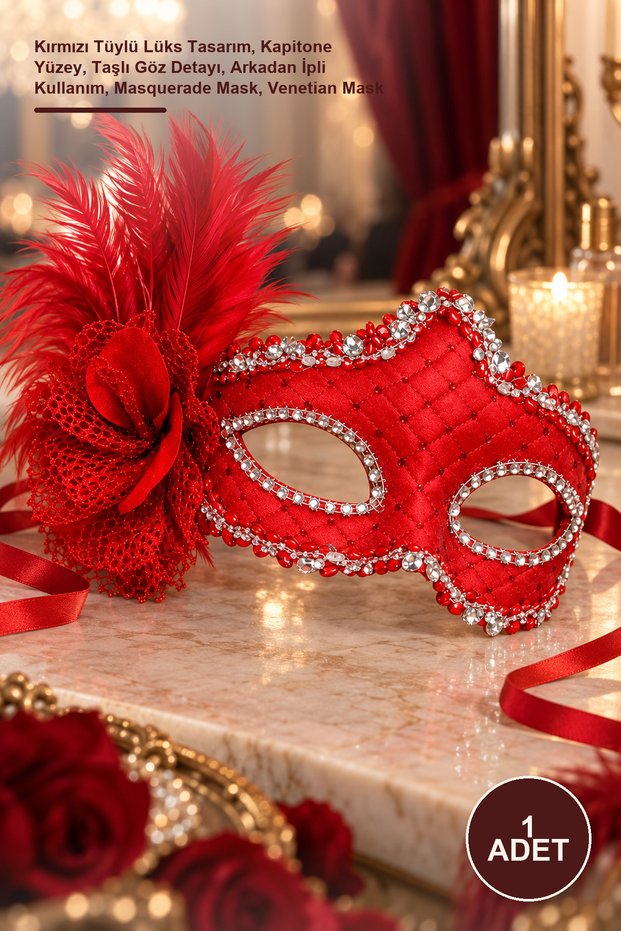 1 Piece Venetian Ball Mask – Luxurious Design with Red Feathers, Quilted Surface, Stone Eye Detail, Back-Strapped Use, Masquerade Mask, Venetian Mask