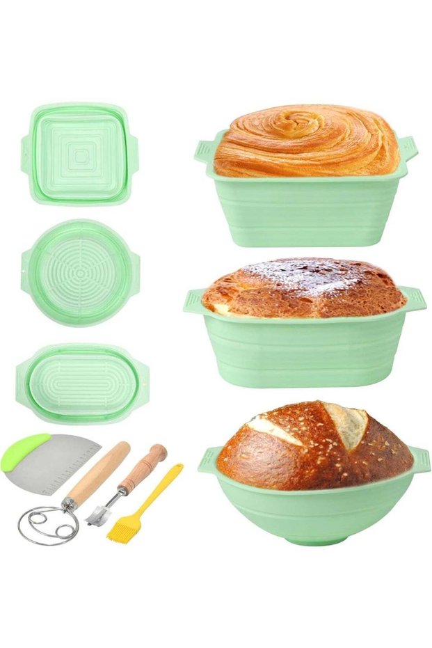 Silicone Bread Proofing Basket Set, Foldable, Oven-Safe, Non-Stick Dough Rising Bowl with Pastry Br