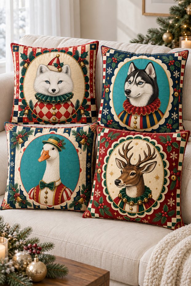 Winter Festival Christmas Themed Animal Portrait Decorative Throw Pillow Cover Set of 4, Featuring Arctic Fox, Husky, and Reindeer Patterns, Retro Living Room Decor.