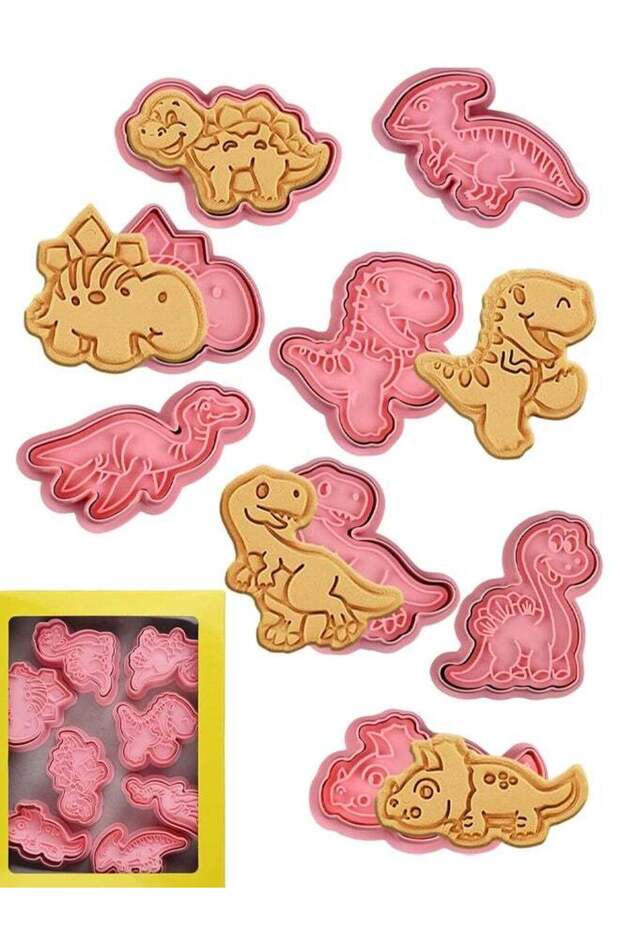 8 Piece Dinosaur Cookie Cutters With Plunger Stampers Set, 3D Dinosaur Embossing Cutters For Biscui