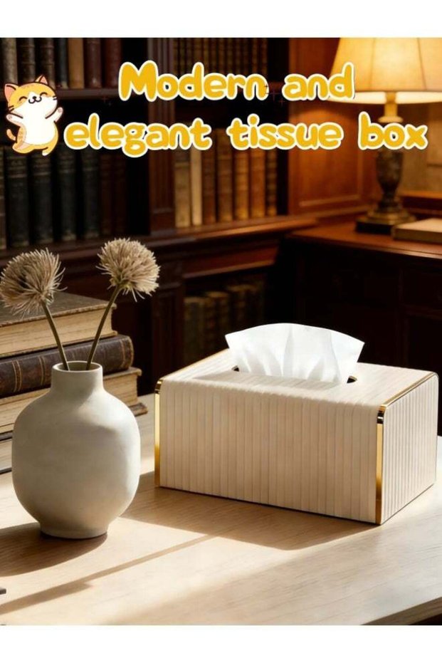 Luxury Striped Leather Tissue Box Cover with Gold Accents, Modern Minimalist Rectangular Tissue Hol
