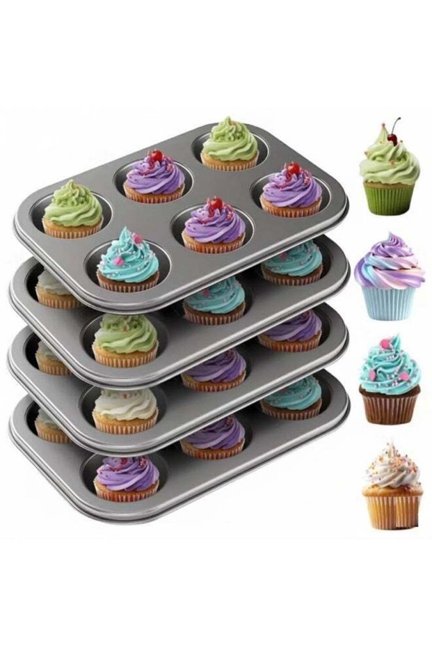 4-Piece Non-Stick Muffin & Cupcake Baking Pan Set – 6 Cup Carbon Steel Trays for Perfect Cheesecake