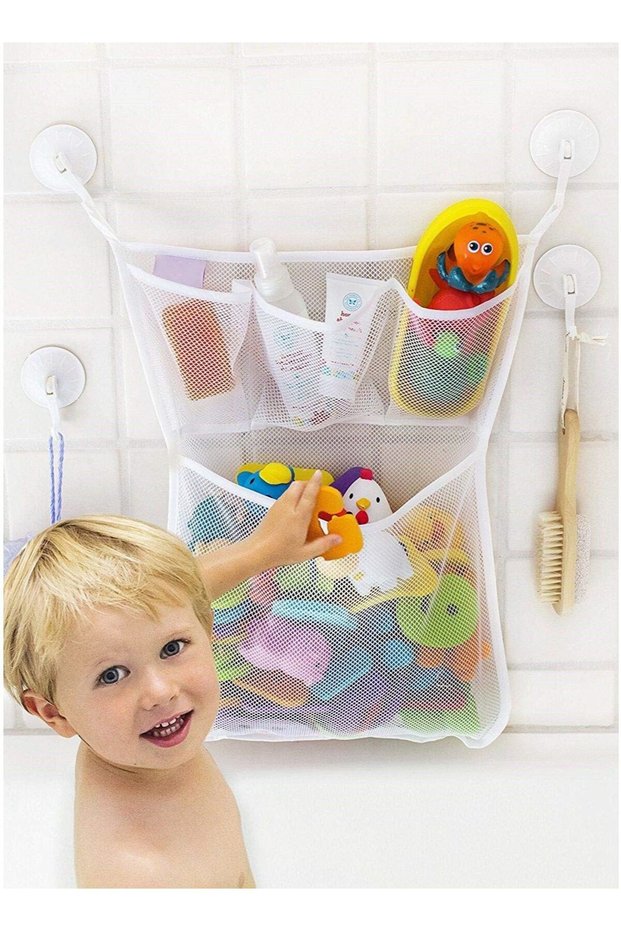 Bath Toy Organizer - Xl Baby Bath Toys Bin with 3 Extra Pockets for Soaps & Shampoos Mold Resistant