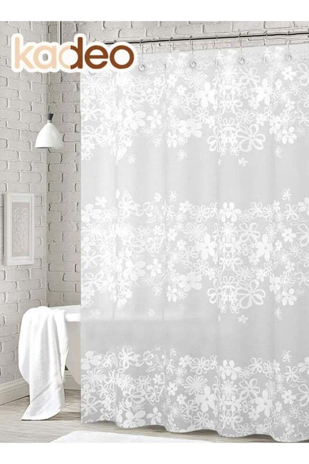 EVA Shower Curtain, White Flower Pattern, Premium Clear Bathroom Shower Curtain, with Rustproof Met