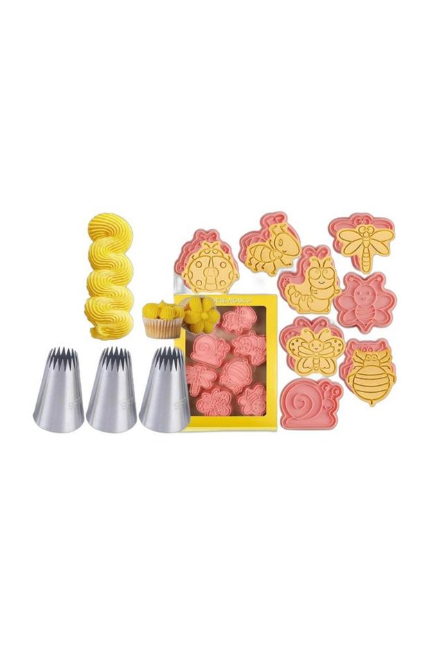 Baking Bundle, Large Star Churro Piping Tips 3‑Pack & 8 Pcs Insect Cookie Cutter Stamp Set, Stainle