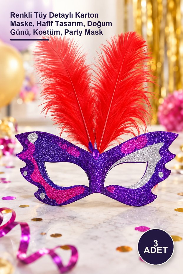 3 Pieces of Feathered Cardboard Party Masks – Colorful Feather Detailed Cardboard Masks, Lightweight Design, Birthday, Costume, Party Mask