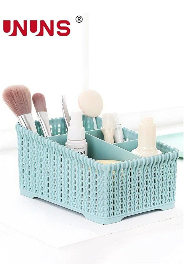 Desktop Cosmetic Organizer,Faux Rattan Weave Desk Organizer With 4 Compartments,Desktop Storage Box