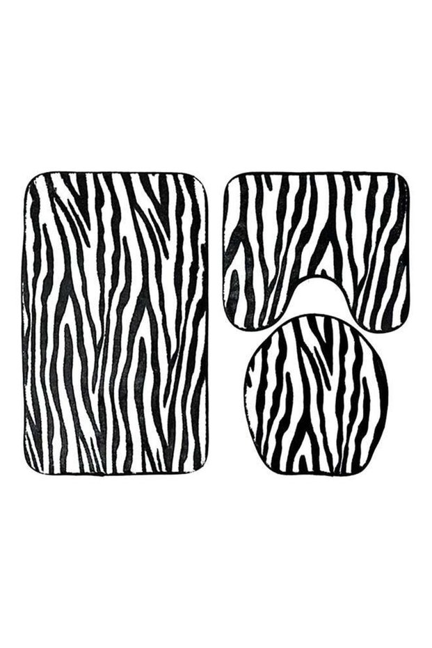 3-Piece Striped Flannel Carpet Bathroom Mat Set White/Black