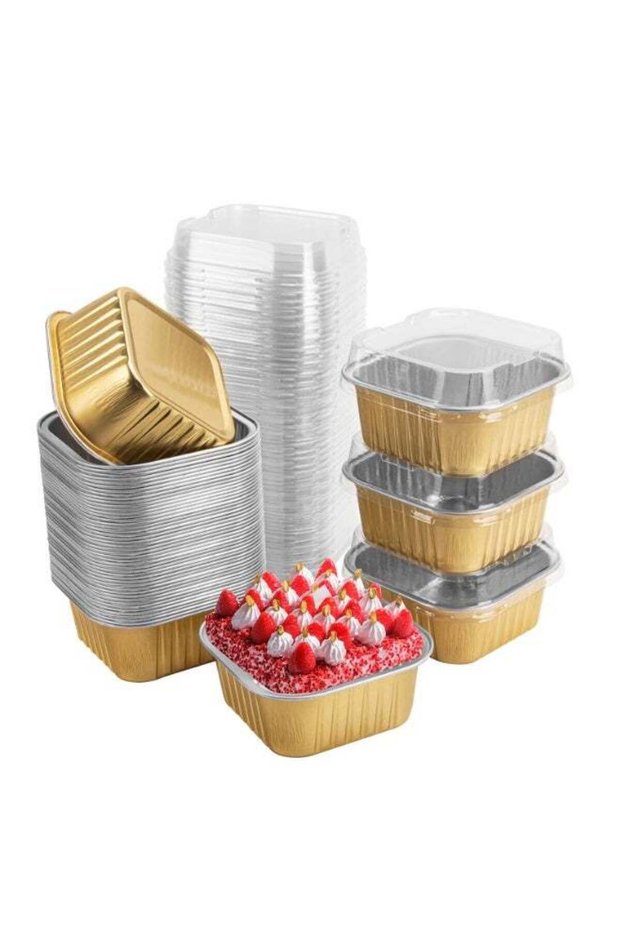 50 Pcs Mini Square Baking Cups with Lids,Aluminum Foil Mini Cake Pans with Lids,Disposable Cake Pan