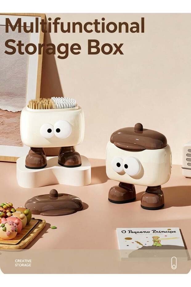 Cute Cartoon Qtip Holder, Toothpick Dispenser, 2 Compartments Bathroom Vanity Canister with Lid, Fu
