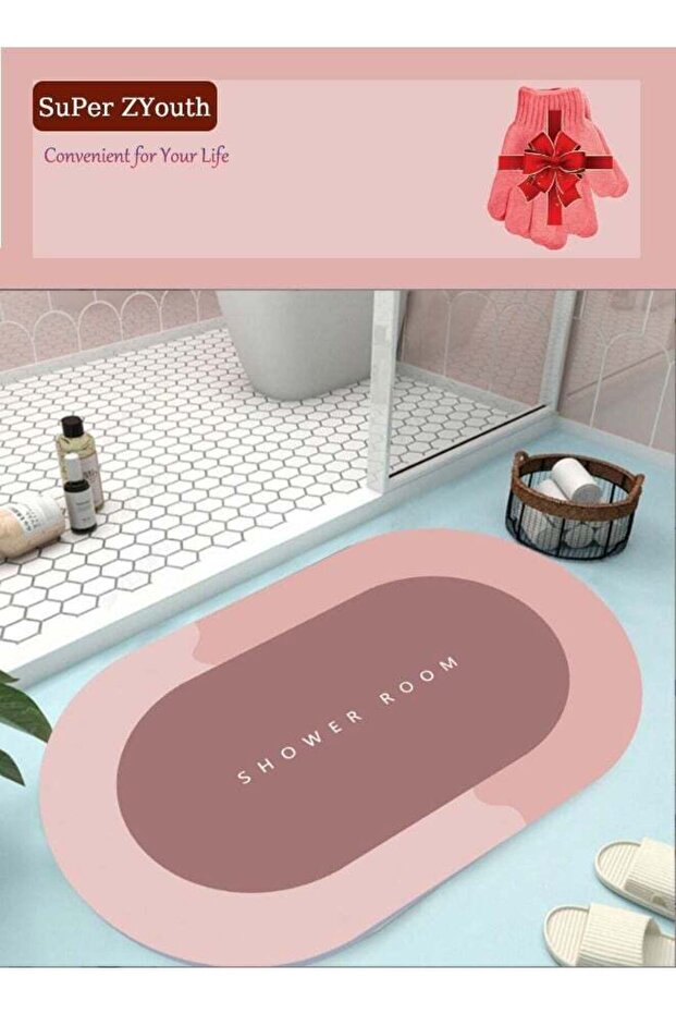 Diatom Round Floor Mat, Free Shower gloves, Anti-Slip Bathroom Quick Drying,Easy Cleaning, Door Rug