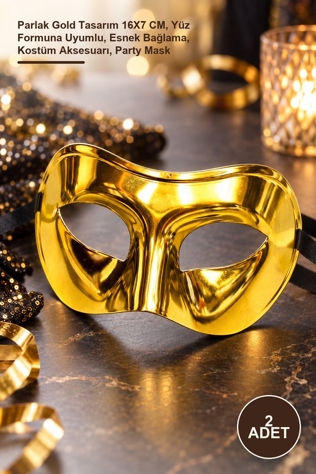 2 Pieces of Metalized Party Mask – Shiny Gold Design 16X7 Cm, Adapts to the Face Shape, Flexible Binding, Costume Accessory, Party Mask