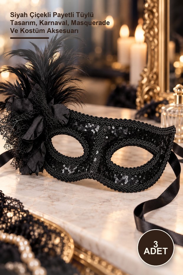 3 Pcs Venetian Party Mask – Black Floral Sequined Feathered Design, Carnival, Masquerade and Costume Accessory