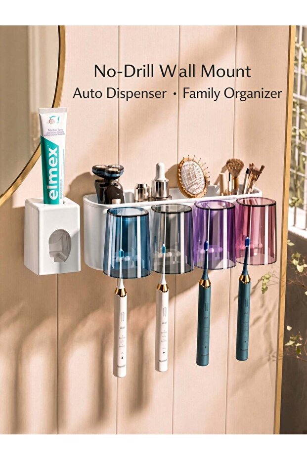 No Drill Wall Mounted Toothbrush Holder with Automatic Toothpaste Dispenser & 4 Cups - Bathroom Org