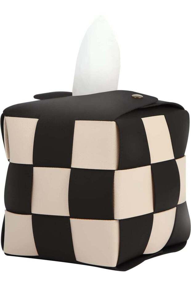 Tissue Box Cover, Square Tissue Box Holder, Modern PU Leather Weave, Stylish Checkerboard Design fo