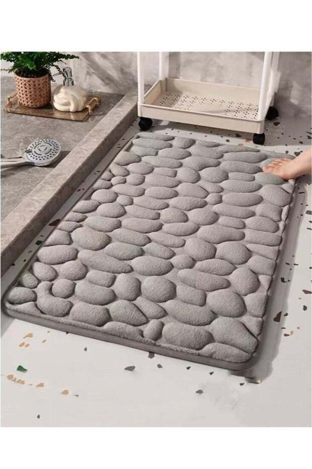 1-Piece Stone Grain Non-Slip Bath Rug Mat for Bathroom Coral Velvet Fabric for Water Absorption Gre
