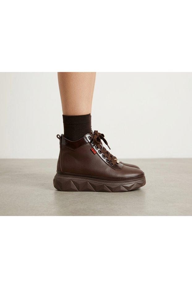 Genuine Leather Lace-Up Zippered Platform Sole Boots Women's Shoes