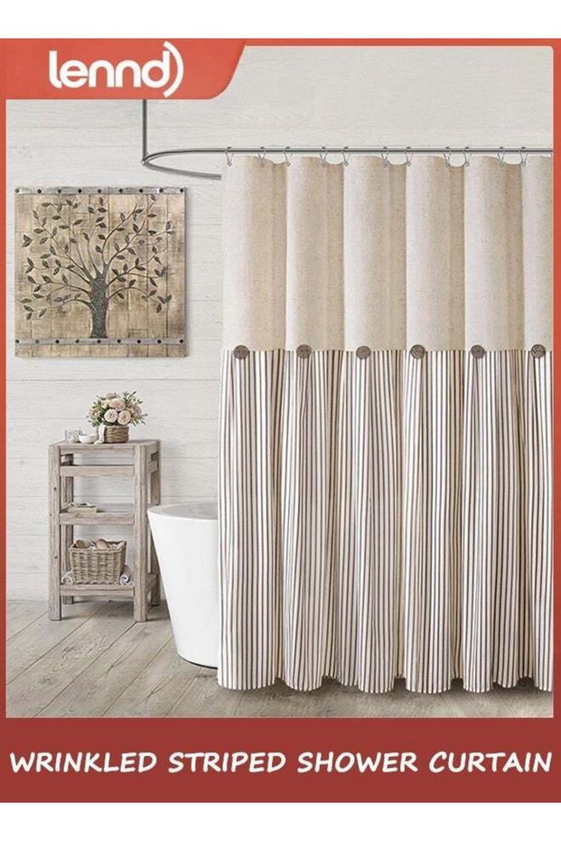 Farmhouse Shower Curtain Linen Beige Button Woven Fabric Country Rustic Western, Pleated Brown Stri