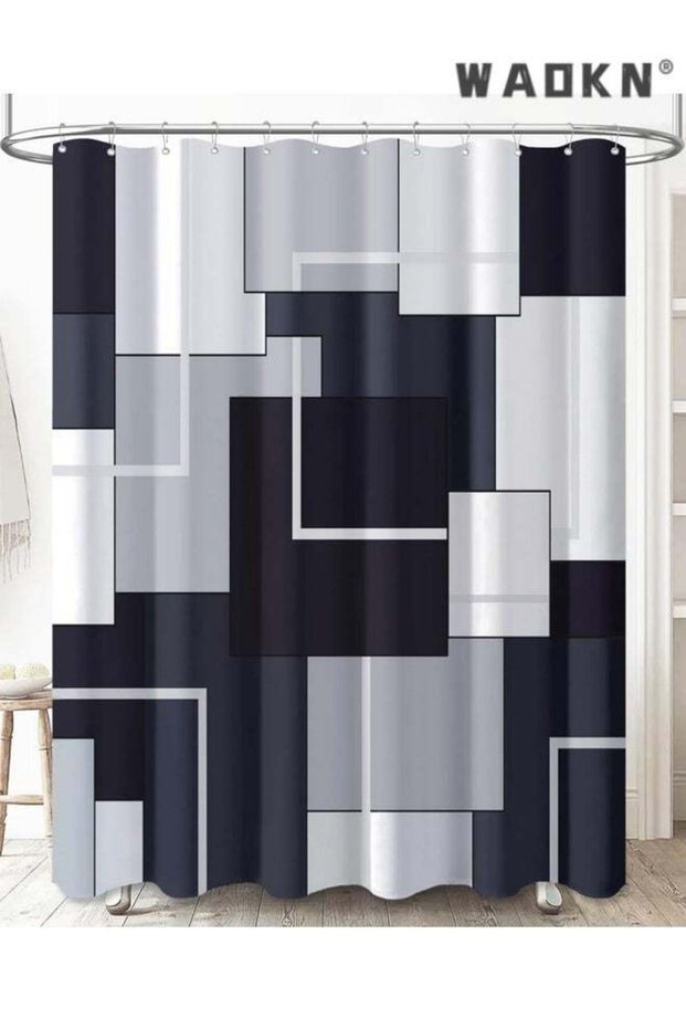Black Fabric Shower Curtain - Geometric Water Repellent Shower Curtain Set, Machine Washable, Moder