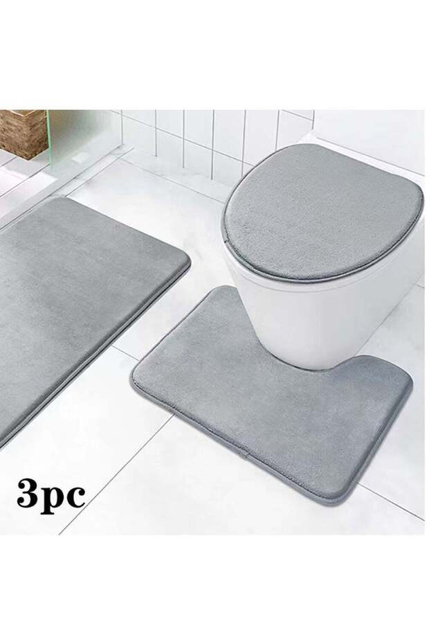3-Pieces Absorbent Anti-Slip Bath Mat Set Soft Memory Foam Bathroom Mat Toilet Mat Grey