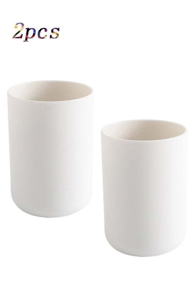 2-Pack White Plastic Bathroom Cup Set - Toothbrush & Rinsing Cup Holder, Minimalist Sink Organizer