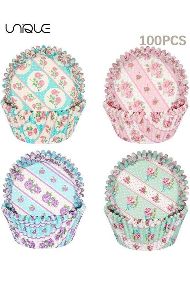 100Pcs Retro Rose Cupcake Liners - 4 Colors - Disposable Paper Cupcake Liners - Food Grade Baking C