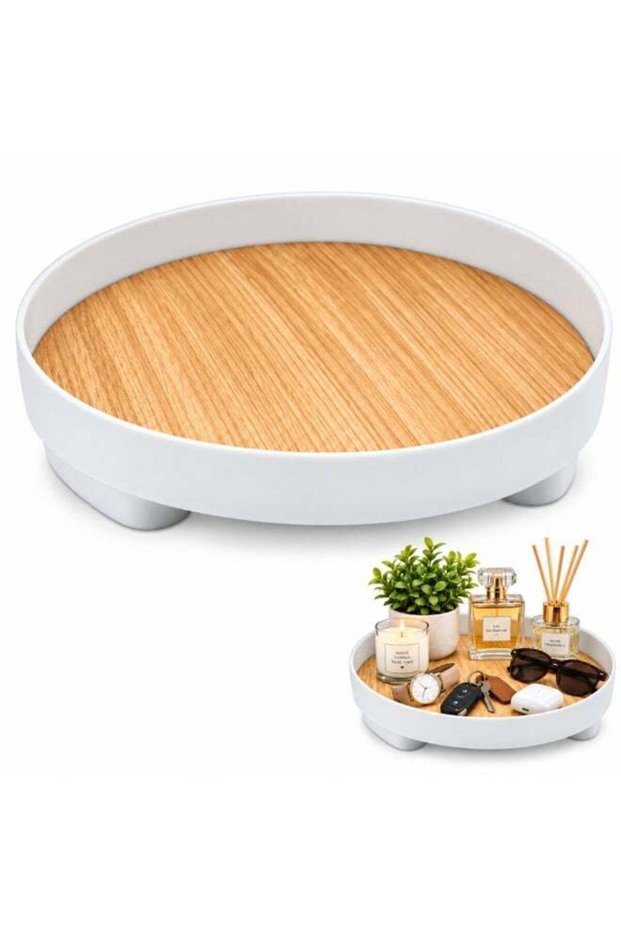 BERAM White Minimalist Decorative Organizer Tray, Round Plastic & Wood Vanity Tray, Multi-Purpose C