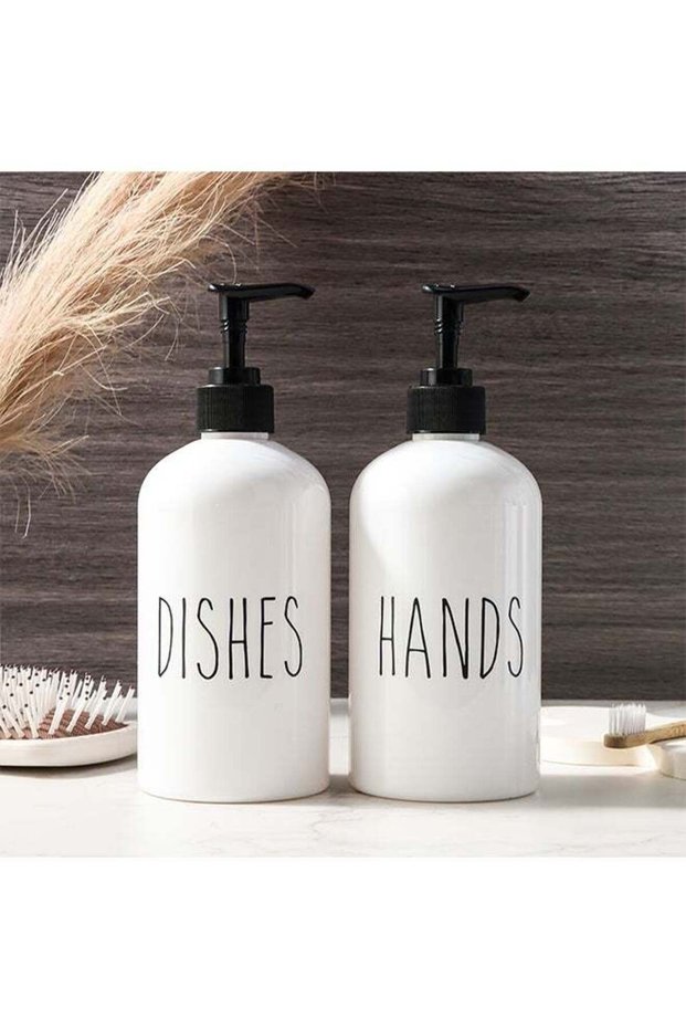 2pcs WHITE Hand & Dish Soap Dispenser Set with Bamboo Tray - Modern Boho Kitchen Decor, Ideal for S