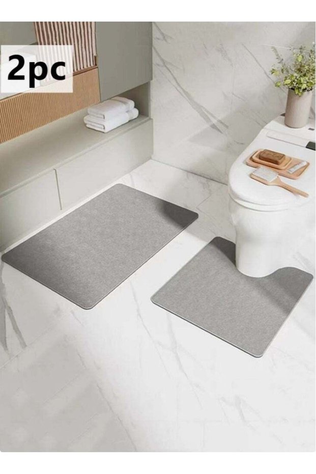 2-Pieces Diatom Mud Bathmat Set Bathroom Absorbent Anti-Slip Rugs Toilet Mat Grey 60X40 and 50x50 c