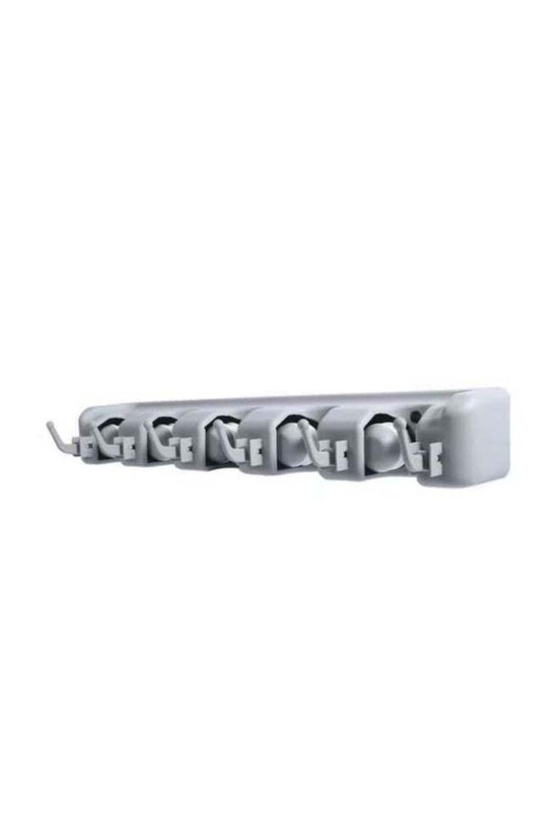 Wall Mounted Mop and Broom Holder Organizer with 5 Slots and 6 Hooks, Grey