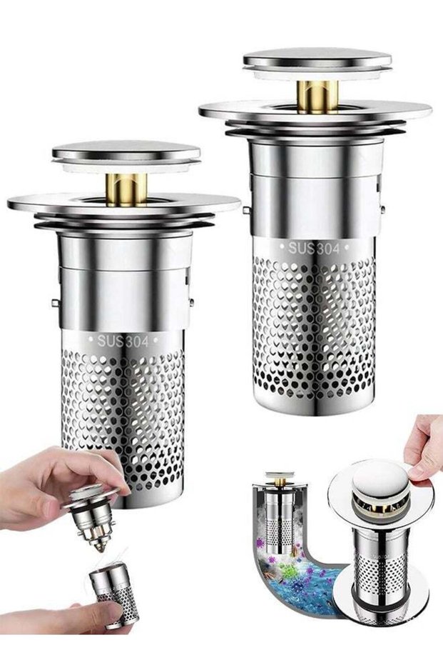 2PCS Stainless Steel Pop-Up Sink Drain Stopper Filter, Universal Hair Catcher Anti-Odor Plug for 34