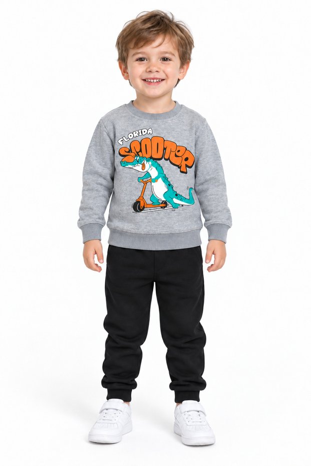 12509-26 Boy's Crocodile Printed Crew Neck Sweatshirt 1–4 Years