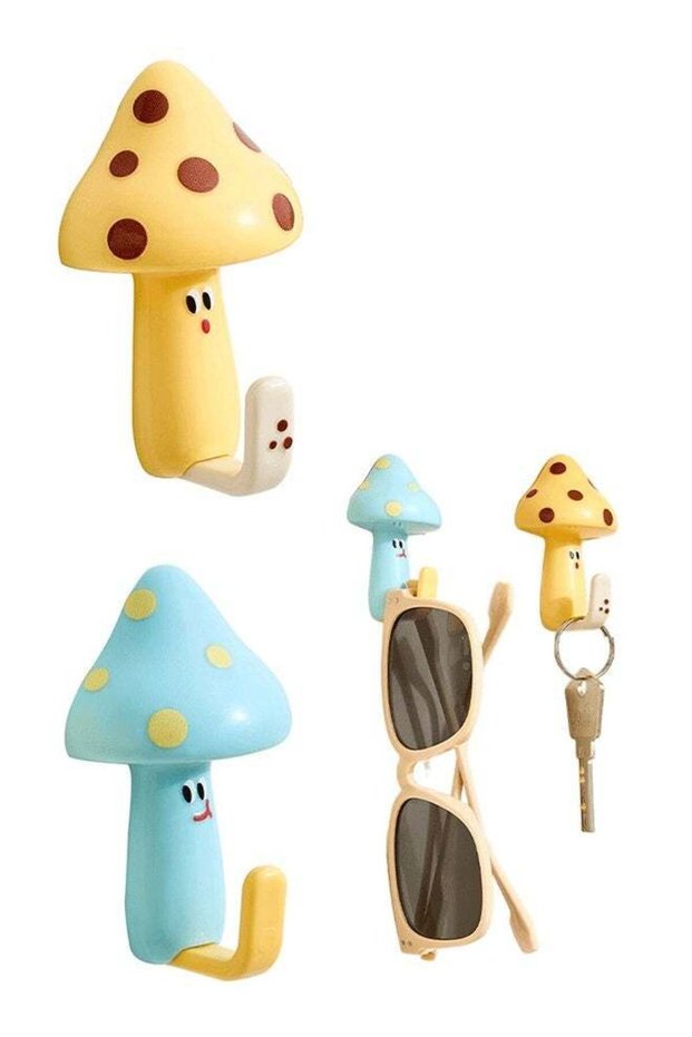 Tizee Cute Mushroom Hook - 2 Pack Wall Hook, Removable Self-Adhesive Cartoon Decorative Hooks for K