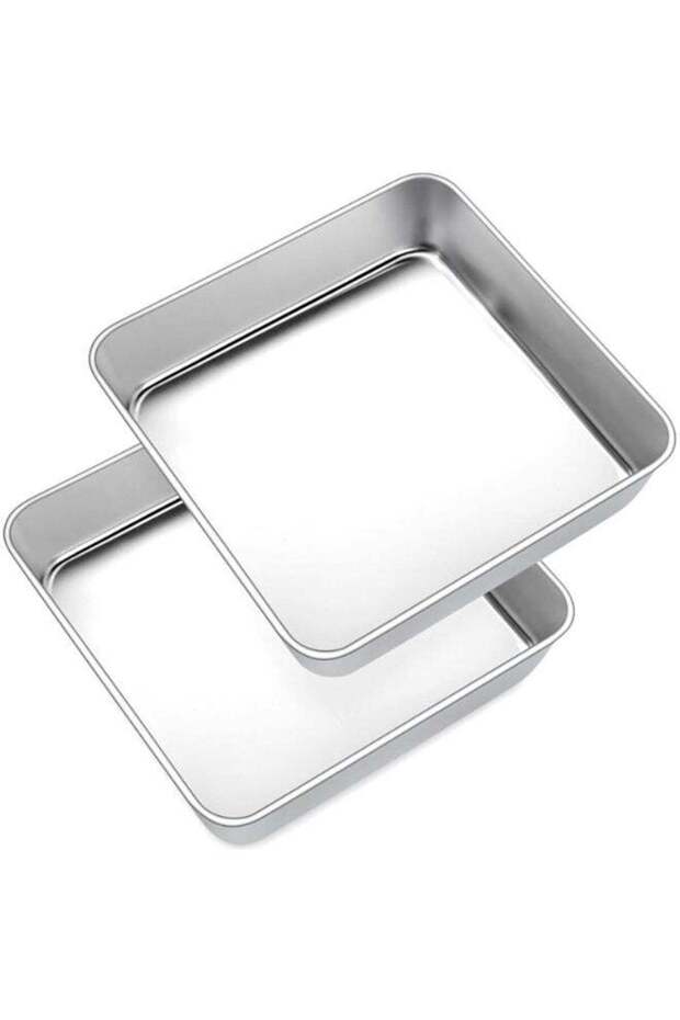 2 Pack 8 Inch Square Baking Tin 21cm, Stainless Steel Cake Roasting Pan Matte Finish Dishwasher Saf
