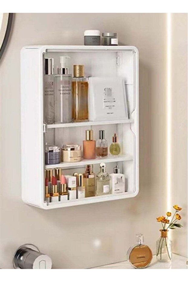 3-Tier Makeup Cosmetic Organizer Perfume Skincare Shelf with Door Plastic White 30x9.4x40 cm