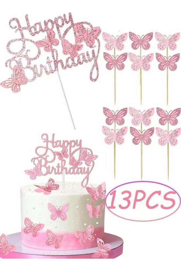 13 Pcs Pink Butterfly Cake Decorations 3D Pink Happy Birthday Cake Topper Birthday Cakes Toppers Bu
