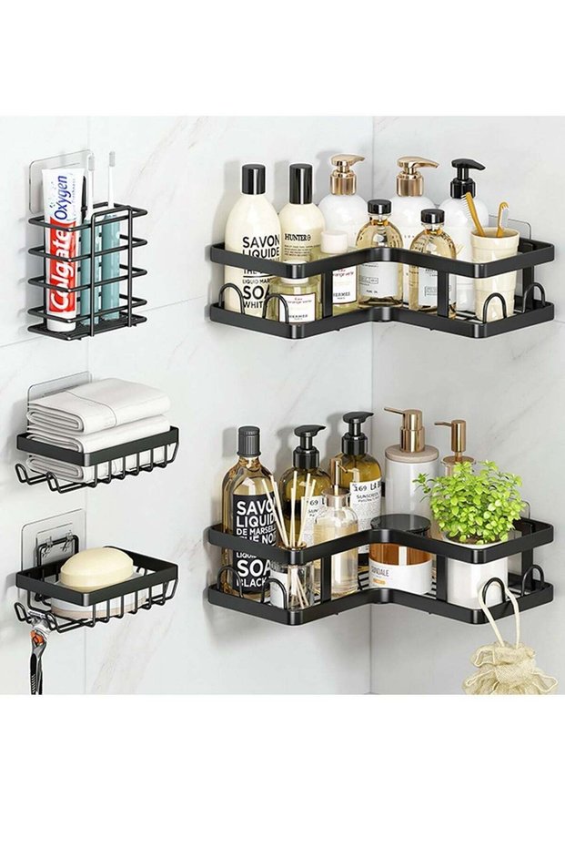 Corner Shower Caddy 5 Pack, Adhesive Organizer, Rack with 16 Hooks, Large Capacity, Rustproof Stain