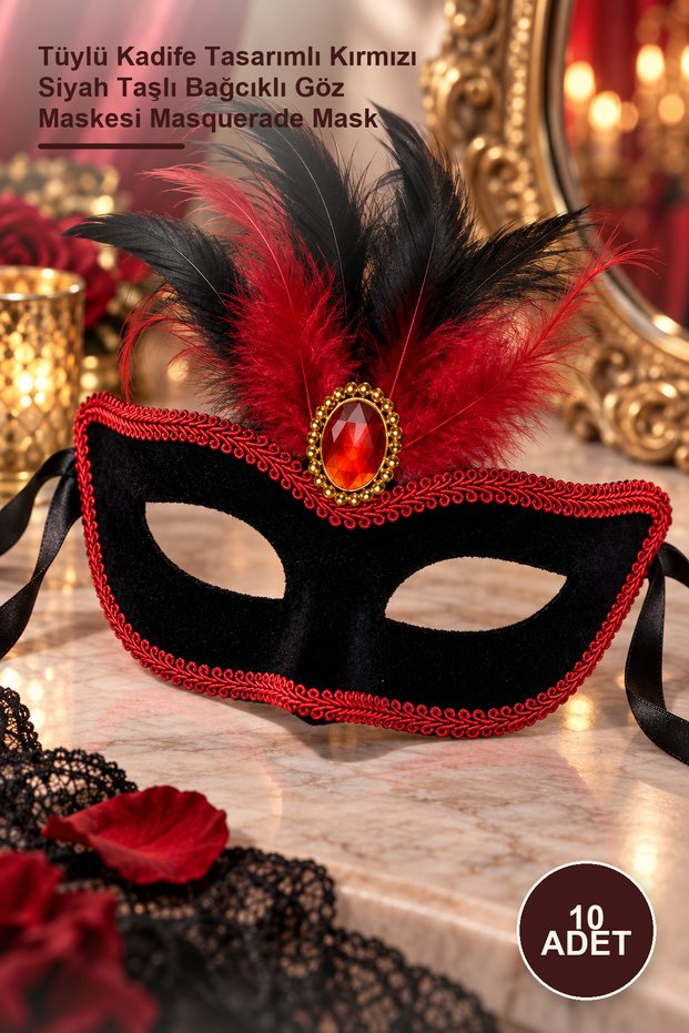 10 Pieces of Venetian Carnival Mask – Furry Velvet Design with Red and Black Stones, Lace-Up Eye Mask, Masquerade Mask