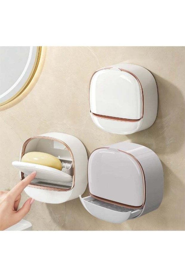 Wall-Mounted Soap Holder dish with Cover, Drill-free wall-mounted adhesive Soap box rack Draining s