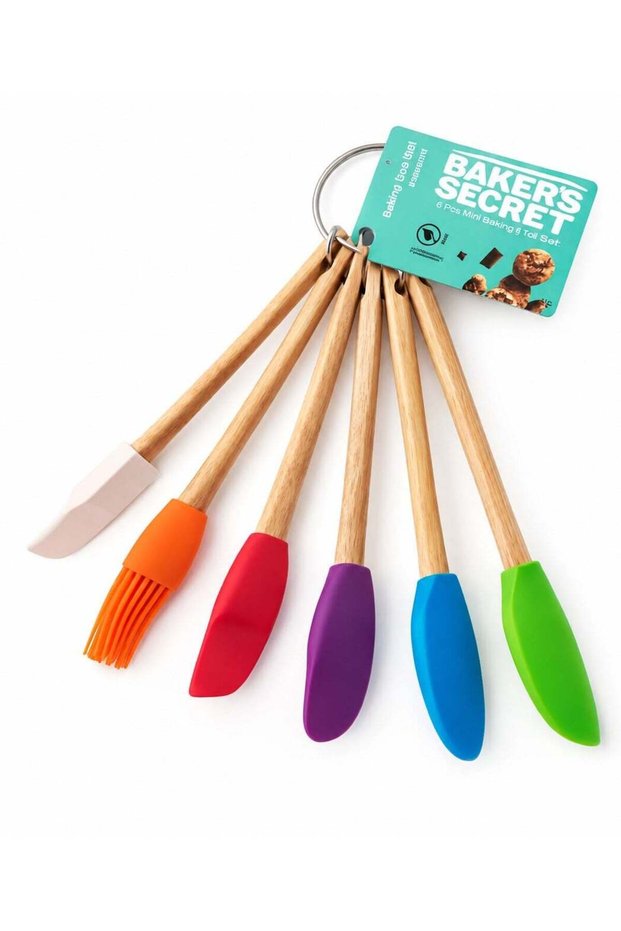 Baker’s Secret 6 Piece Mini Silicone Baking Tool Set with Wooden Handles, 1 Pastry Brush, 1 Spoon S