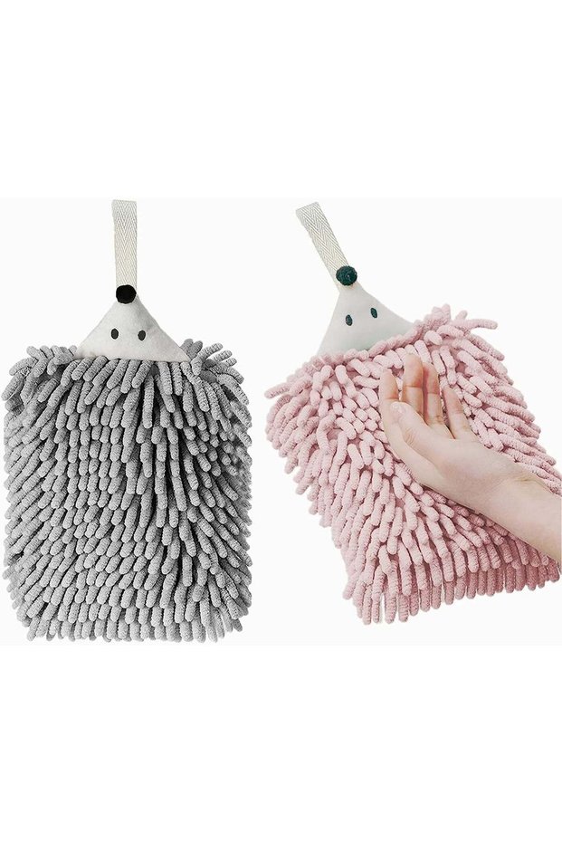 Chenille Hand Towels, Hanging Hand Drying Towel with Button Loop, Funny Hedgehog Hand Towel, for Ba