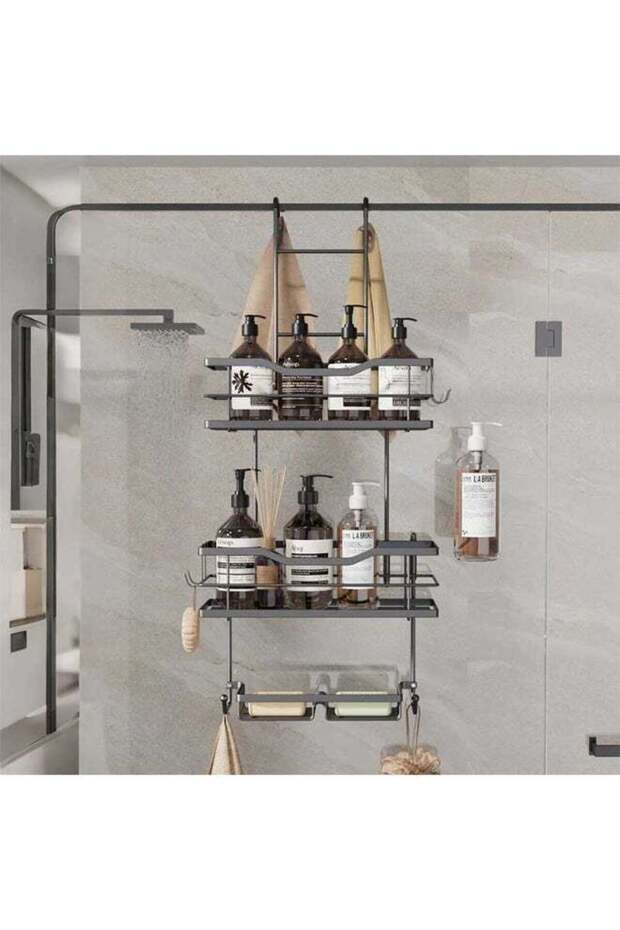 Behind and beside the door, there is a storage rack for the bathroom. The three layers of space can