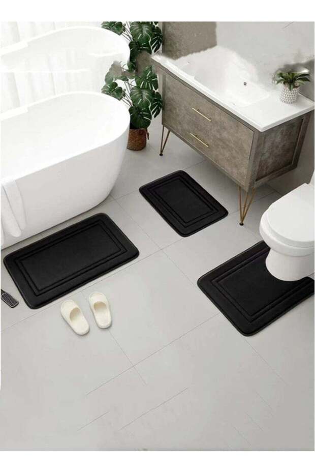 3-Pieces Bathroom Coral Velvet Floor Mat Suit Absorbent Anti-Slip Toilet Carpet Set Black